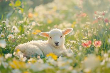 Fototapeta premium Lamb Among Wildflowers in a Sunny Meadow