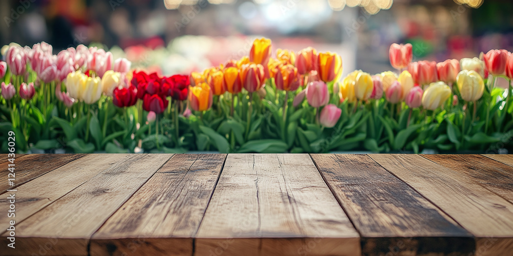 Aufkleber empty wooden table in front of abstract blurred spring flowers background for product display in a c