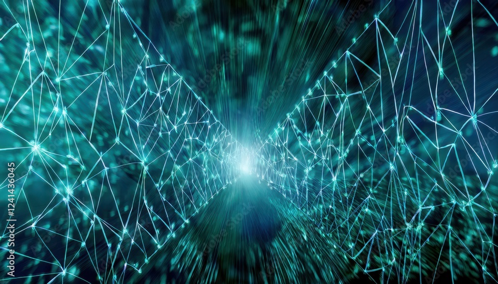 Poster abstract digital network of interconnected nodes and lines glowing with lights, data visualization, technology concept