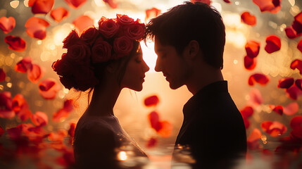 Enchanting Glow of Love: Silhouette of a Couple with Vibrant Rose Petals for Valentine's Day