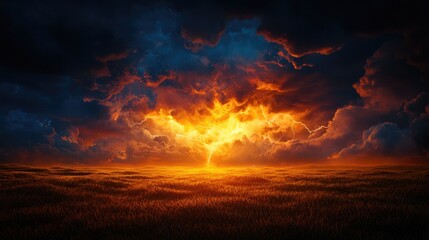 Dramatic Sunset with Fiery Clouds and Lightning over a Field