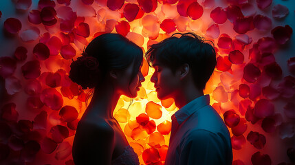 Romantic Silhouette of a Loving Couple Surrounded by Red Rose Petals on Valentine's Day
