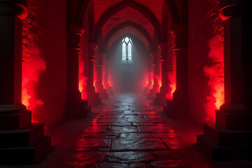 A long, ancient gothic corridor shrouded in darkness, with ominous red neon smoke creeping in from both sides, casting eerie shadows on stone walls