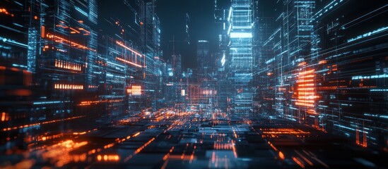 Fototapeta premium Futuristic city street; digital data flows, glowing buildings, night scene; tech background