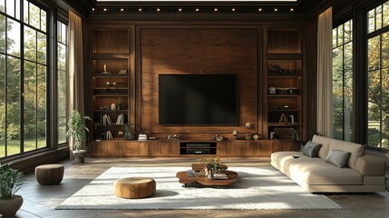 Modern Living Room With Dark Wood Accents And Large Windows