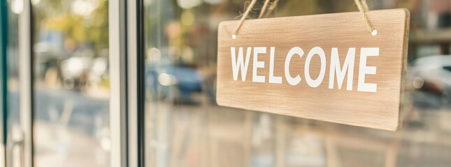 Warm welcome sign on glass door in sunlit urban setting