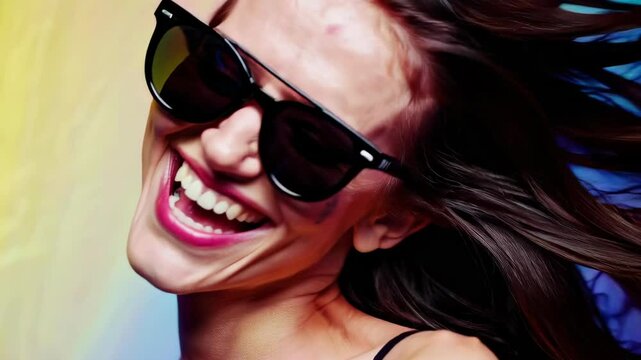 potrait of cheerful young woman laughing with sunglasses against colourful background
