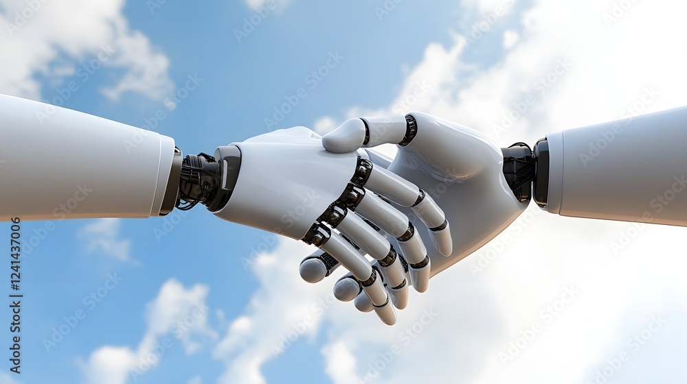 Poster robotic hands shaking in a close partnership symbolizing the of technology and human for driving inn