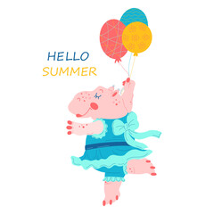 Hello summer, summer greeting card with a funny cartoon character on an isolated white background. Summer vector postcard with a hippopotamus girl flying on balloons. An element of summer design