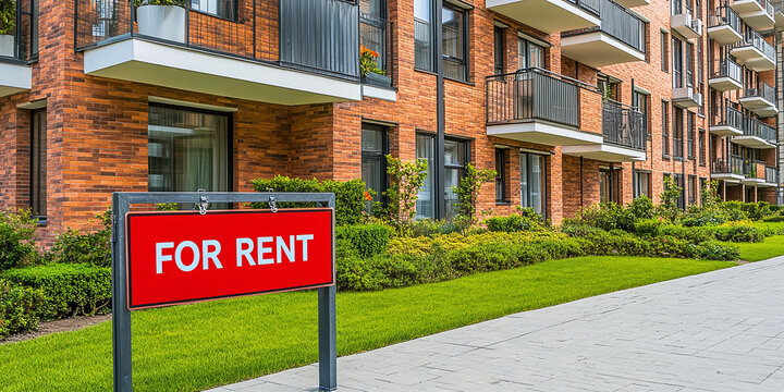 For rent sign "FOR RENT" in front of a modern apartment building. Real estate concept