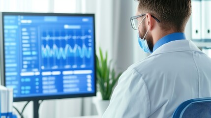 Medical professional analyzing data on computer screen in modern office environment