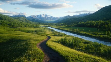 Obraz premium Scenic Mountain Landscape with River and Lush Green Fields