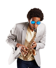 Man, saxophone and music or performance practice for band concert, orchestra or jazz festival. Male...