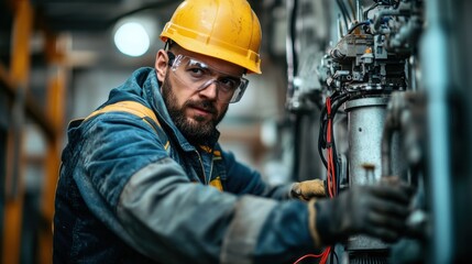 Industrial technician operating machinery in safety gear at manufacturing facility