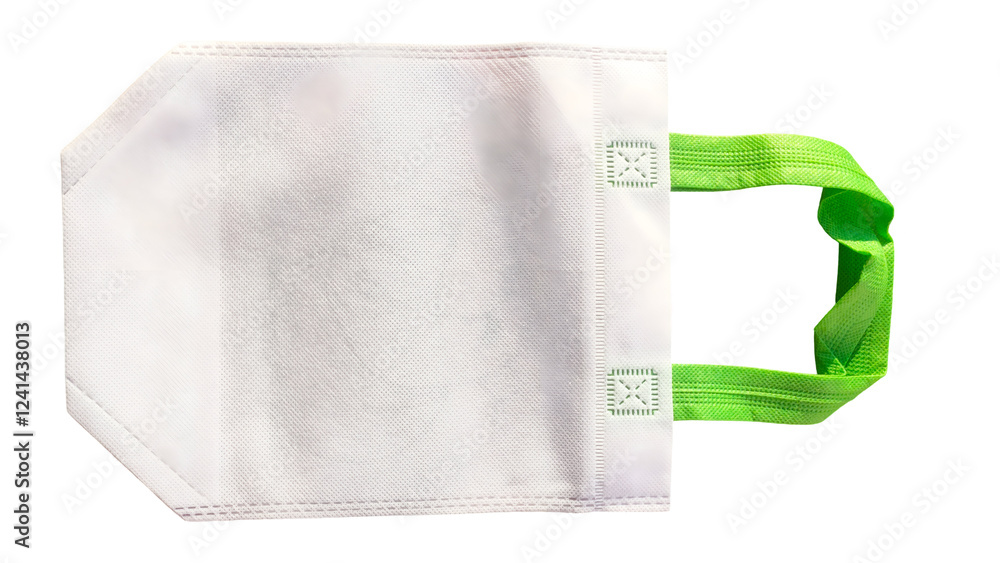 Poster a white bag with a green handle. the handle is attached to the bag with a green string