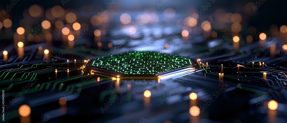 Poster glowing green microchip on dark circuit board with bokeh light effects and shallow depth of field cr