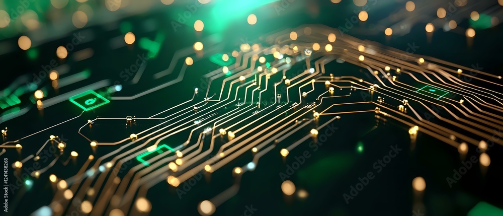 Poster circuit board with glowing green and gold connections on dark background, macro view of electronic p