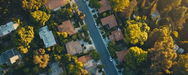 Fototapeta premium Aerial view of suburban street, houses, trees at sunset; real estate