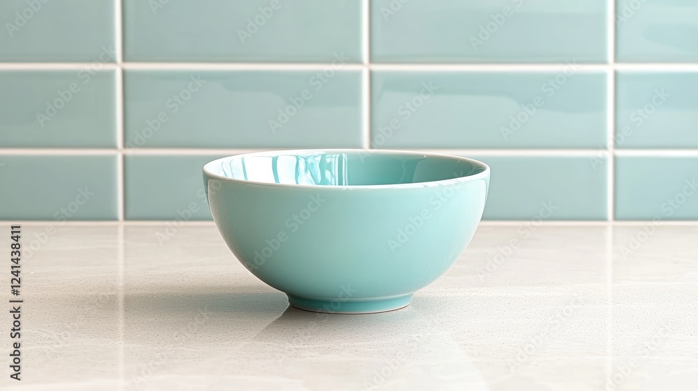 Wall mural Teal bowl on kitchen counter, light blue tiles background, food preparation