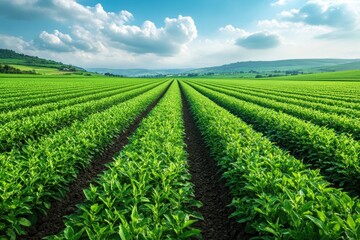 Lush green fields under a vast blue sky with cloud formations and rolling hills