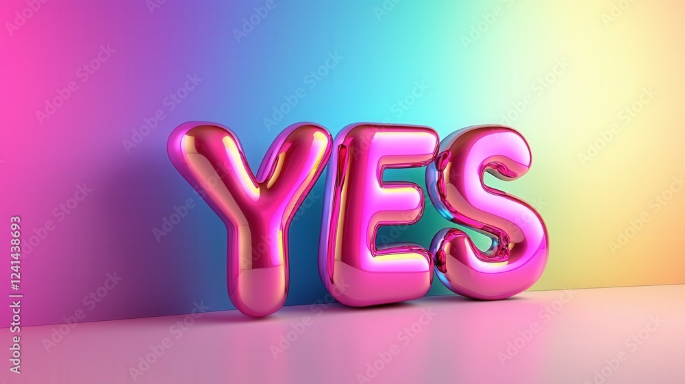 Poster vibrant 3d pink yes text on a rainbow gradient background in high resolution for creative projects
