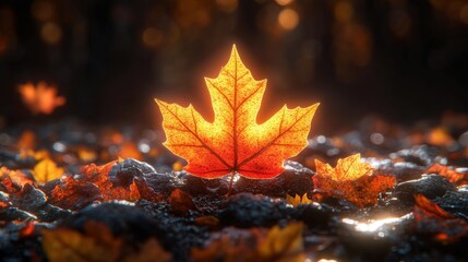 Vibrant autumn leaf on wet ground illuminated by warm sunlight
