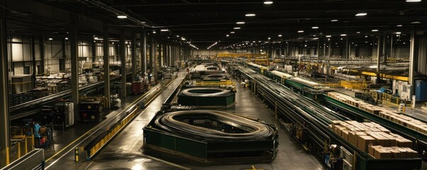 Factory Conveyor System Products moving through a large warehouse, with packaging in background
