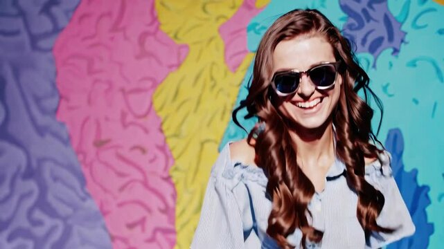 potrait of cheerful young woman laughing with sunglasses against colourful background