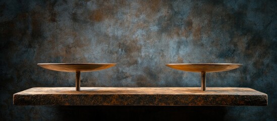 Balanced brass scales on rustic wood, textured backdrop