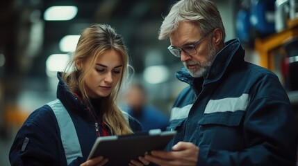 Industrial workers analyzing data on tablet in warehouse setting