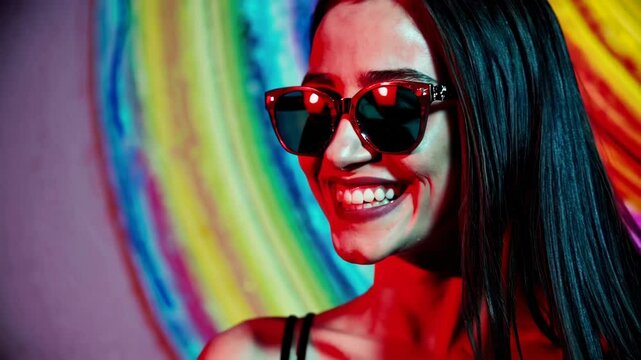 potrait of cheerful young woman laughing with sunglasses against colourful background