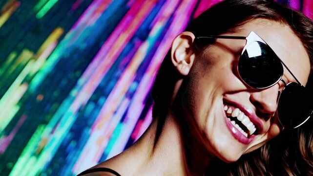 potrait of cheerful young woman laughing with sunglasses against colourful background