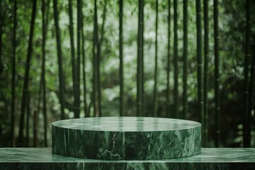 Minimalist jade green stone podium perfectly blended into a Zen bamboo forest backdrop, highlighting simplicity, nature, and peaceful harmony in a tranquil setting.