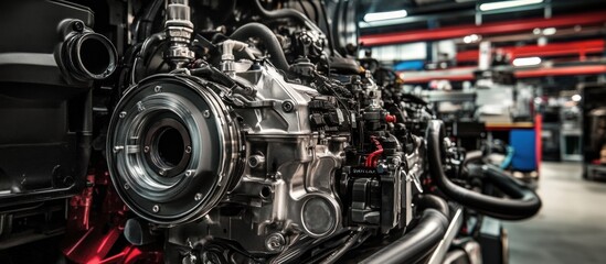 Fototapeta premium Workshop Engine Closeup Powerful Automotive Motor in Industrial Setting