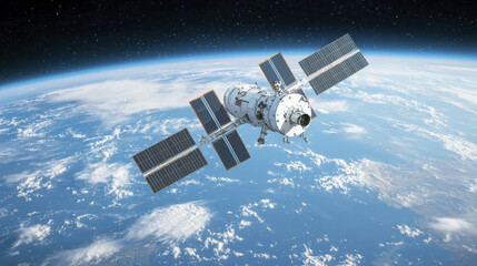 Obraz premium detailed digital painting of satellite orbiting Earth, showcasing solar panels and planet curvature