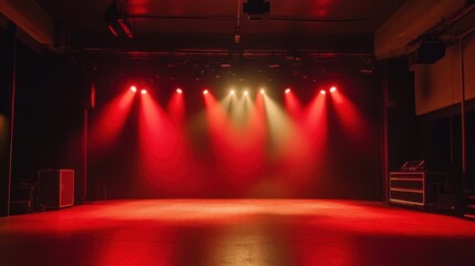 Empty cabaret stage with dramatic and motivated lighting, creating a seductive, glamorous ambiance perfect for theatrical performances, showcasing vintage stage design elements.