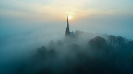 Fototapeta premium Aerial Drone View of Church Spire Emerging from Dense Morning Fog with Ethereal Atmosphere