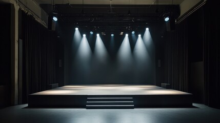 Professional theater stage empty interior with dynamic lighting design perfect for modern dance performance showing minimal architecture illuminated by spotlights