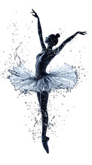 Dancing ballerina performing with water splashing around her silhouette, isolated on white background