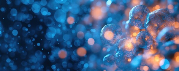 Abstract blue & orange spheres glow; bokeh background; digital art, website header