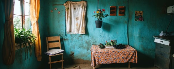 Obraz premium Rustic room, teal walls, table, chair, window, rural home interior