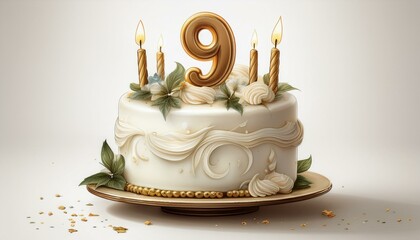 Illustration of decorated white cake for birthday or anniversary party. Number 9, ninth birthday celebration