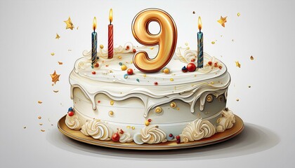 Illustration of decorated white cake for birthday or anniversary party. Number 9, ninth birthday celebration