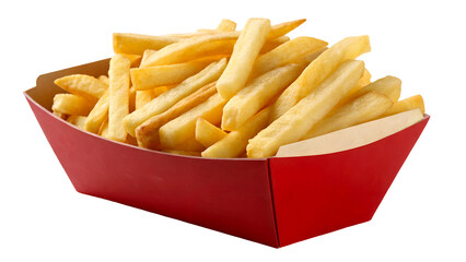 A close-up of perfectly fried, golden French fries stacked inside a vibrant red paper container, tempting with their crispiness PNG file download