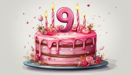 Illustration of decorated pink cake for birthday or anniversary party. Number 9, ninth birthday celebration