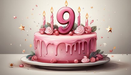 Illustration of decorated pink cake for birthday or anniversary party. Number 9, ninth birthday celebration