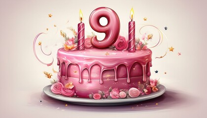 Illustration of decorated pink cake for birthday or anniversary party. Number 9, ninth birthday celebration