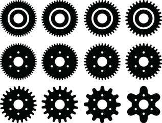 Set of machine  gear wheels icons, black isolated silhouettes 