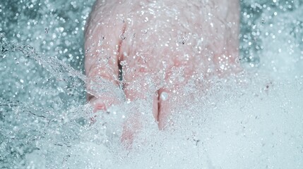 Fototapeta premium Hand in splashing water, nature background, refreshing feeling, website banner