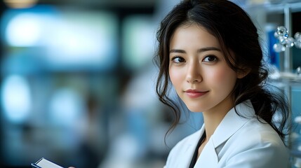Obraz premium Young Asian female medical professional in white coat with gentle smile against blurred hospital background, natural makeup and dark hair in casual updo.
